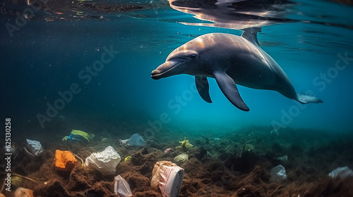 A dolphin trapped in a plastic bag in the ocean. Environmental Protection  Generative ai 