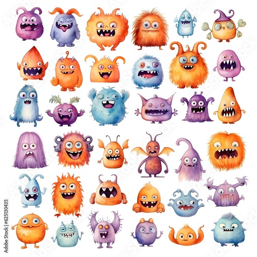 Set of cute watercolor monsters. White background. Generative AI