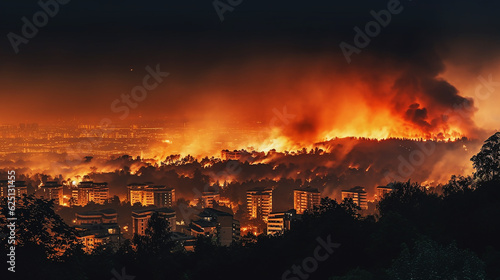 Fire near within the city. Smoke and smell pollute . Generative Ai.