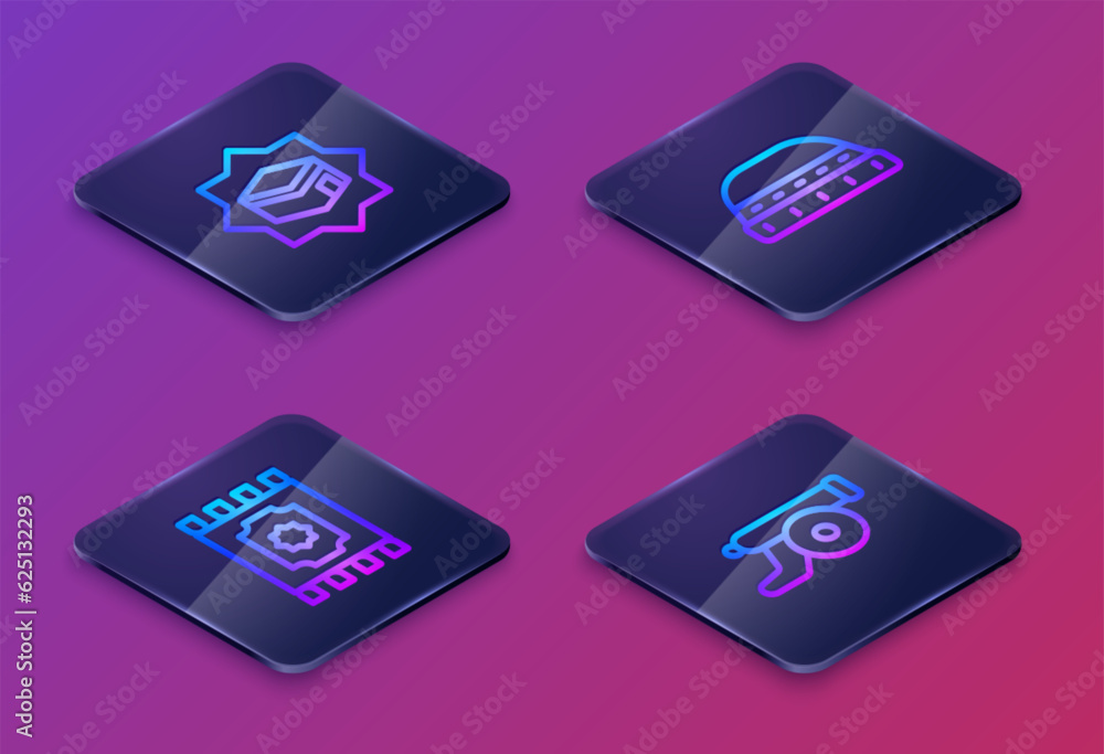 Set Isometric line Kaaba mosque, Traditional carpet, Muslim hat for prayer and Ramadan cannon. Blue square button. Vector Set Isometric line Kaaba mosque, Traditional carpet, Muslim hat for prayer and Ramadan cannon. Blue square button. Vector