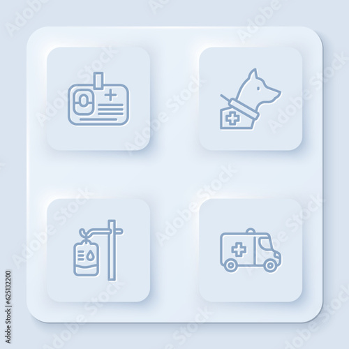 Set line Identification badge, Guide dog, IV bag and Emergency car. White square button. Vector