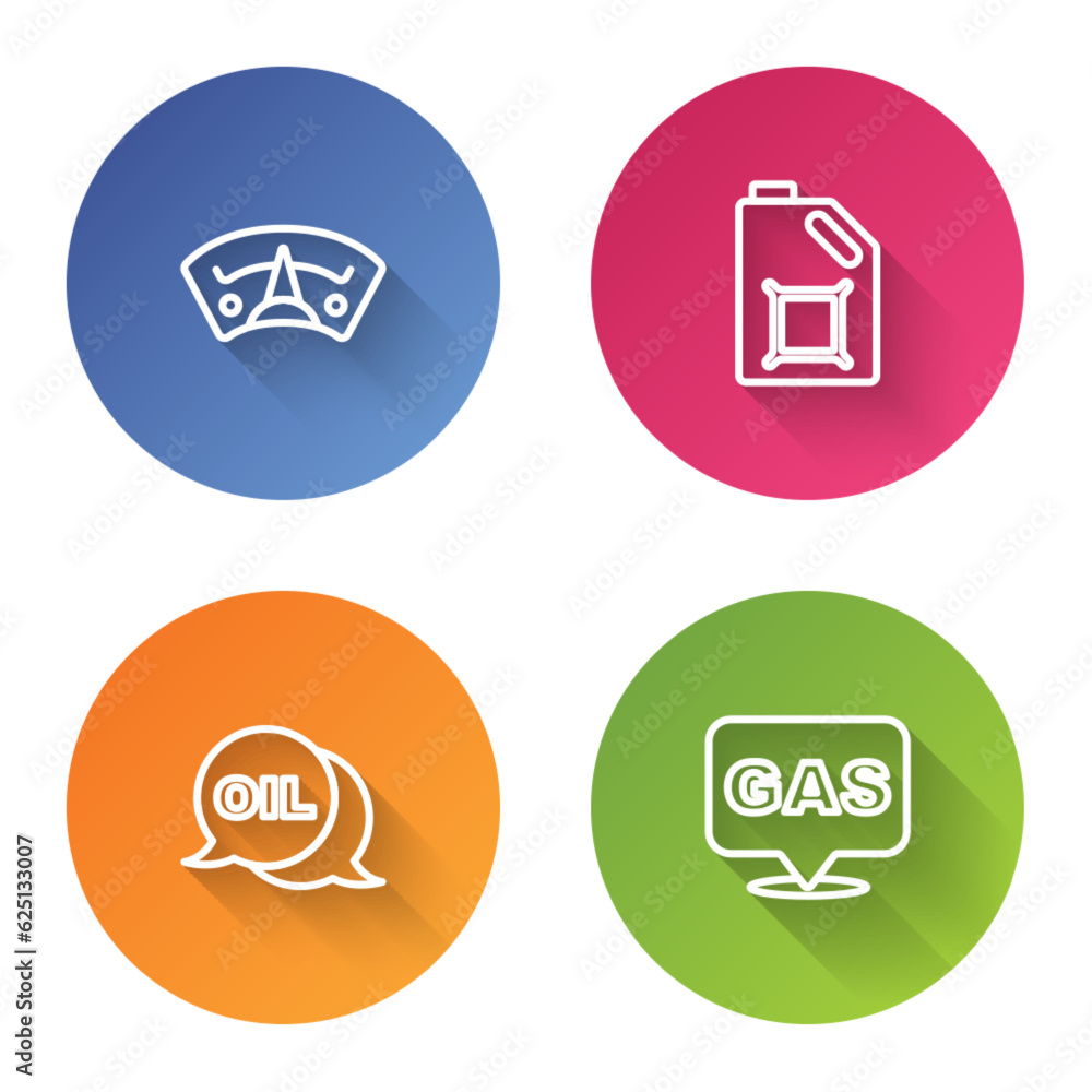 Set line Motor gas gauge, Canister for motor oil, Word and Location and station. Color circle button. Vector Set line Motor gas gauge, Canister for motor oil, Word and Location and station. Color circle button. Vector