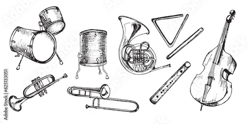 Set of drum kit, contrabass, french horn vector illustration isolated. Musical instruments ink hand drawn. Percussion instrument black white silhouette. Design element for flyer, events, poster