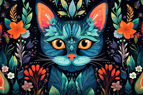 Pattern design using cat head and flowers and leaves. Pet. Animals. Illustration, Generative AI.