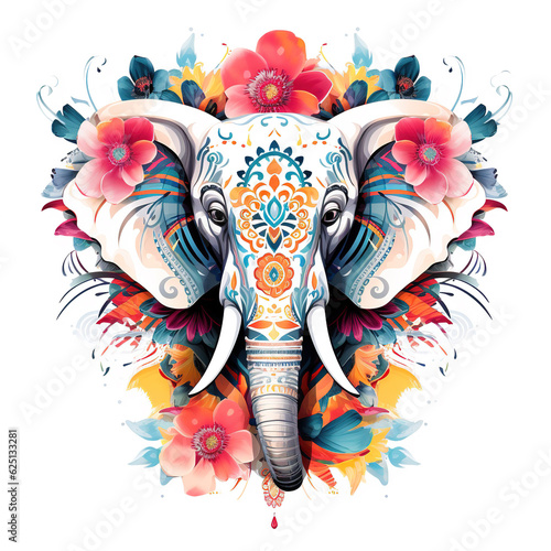 Image of pattern design using an elephant and flowers and leaves. Wildlife Animals. Illustration, Generative AI.