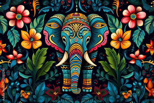Image of pattern design using an elephant and flowers and leaves. Wildlife Animals. Illustration, Generative AI.