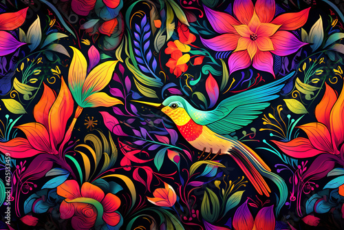 Image of pattern design using hummingbird and flowers and leaves. Wildlife Animals. Bird. Illustration, Generative AI.