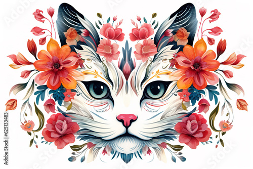 Image of pattern design using cat head and flowers and leaves. Pet. Animals. Illustration, Generative AI.