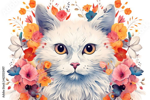 Image of pattern design using cat head and flowers and leaves. Pet. Animals. Illustration, Generative AI.