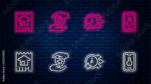 Set line House with shield, Clock, and Online real estate. Glowing neon icon on brick wall. Vector