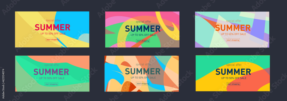 Geometric Summer Set with Strips Colors. Trendy Summer Banner for Music, Party, Festival. Background Stripe Offer Up to 50% for Branding, Social Media Ads, Promo. Vector illustration.