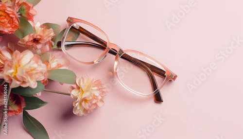 Translucent Frame of glasses of square shape on on a pastel pink background and flowers top view. Generative AI