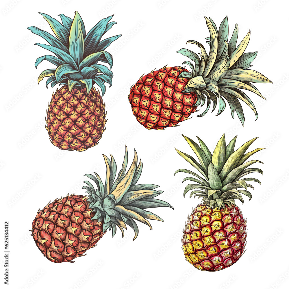 Set of pineapple with green leaves Set of pineapple with green leaves