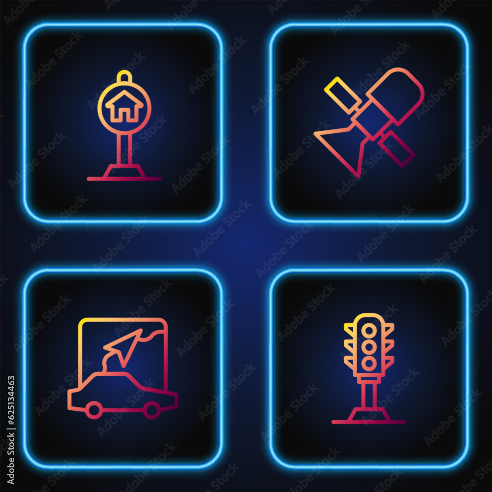 Set line Traffic light, City map navigation, Hotel sign for traffic and Satellite. Gradient color icons. Vector Set line Traffic light, City map navigation, Hotel sign for traffic and Satellite. Gradient color icons. Vector