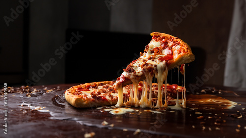 Leckere Pizza mit Käse zieht und läuft mit dunklen Hintergrund Nahaufnahme, ai, generativ