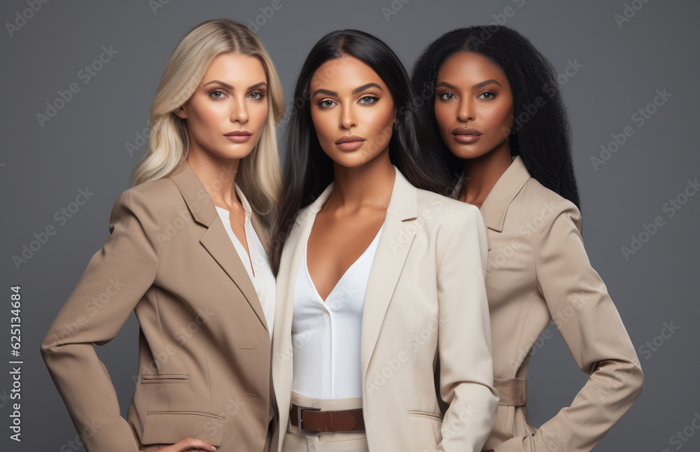 Closeup of 3 multi-ethnic businesswomen looking confident over a grey solid background. Generative AI Closeup of 3 multi-ethnic businesswomen looking confident over a grey solid background. Generative AI