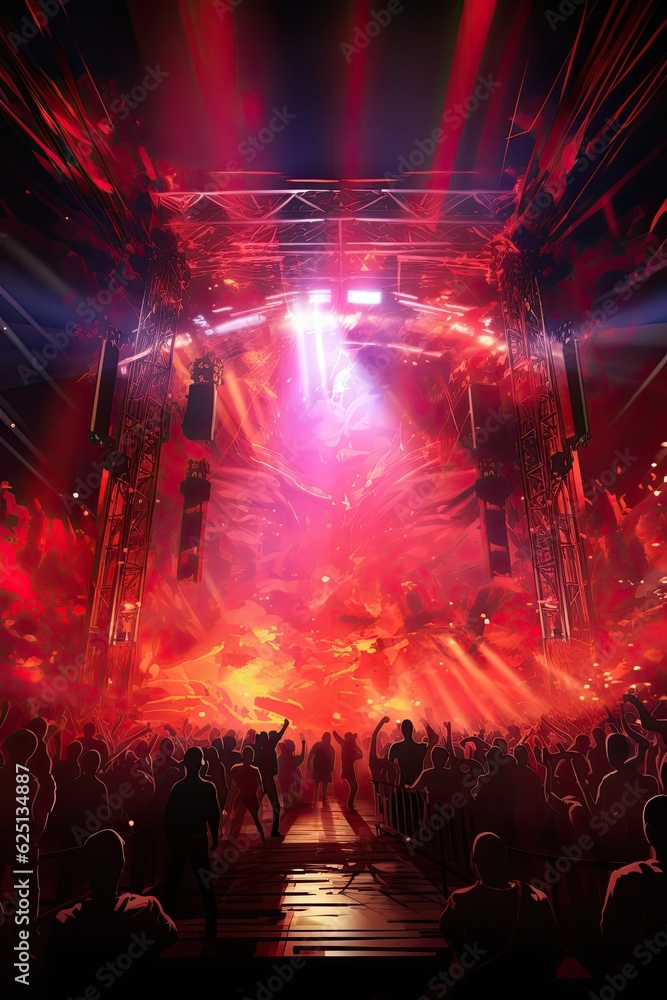 Fototapeta premium Lights and smoke fill a concert scene with a red stage and crowd. (Generative AI)