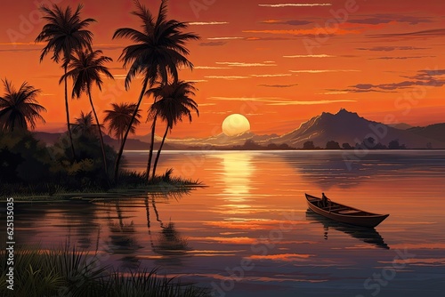 At the bottom is a painting of a sunset with water, mountains, and a boat. (Generative AI)