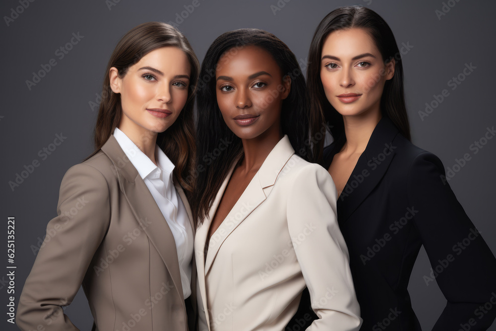 Closeup of 3 multi-ethnic businesswomen looking confident over a grey solid background. Generative AI Closeup of 3 multi-ethnic businesswomen looking confident over a grey solid background. Generative AI