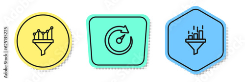 Set line Sales funnel with chart, Digital speed meter and . Colored shapes. Vector