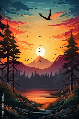 Birds fly over mountains, trees, and a sunset backdrop. (Generative AI) © HandmadePictures
