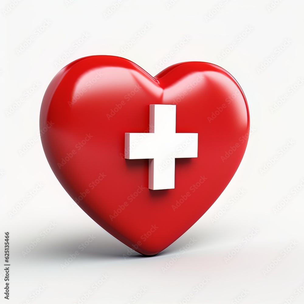 A red heart, plus sign, health care icon, matte material A red heart, plus sign, health care icon, matte material