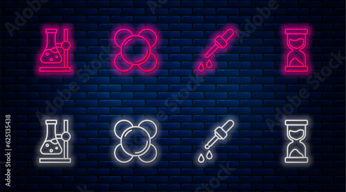 Set line Molecule, Pipette, Test tube flask on stand and Old hourglass. Glowing neon icon on brick wall. Vector