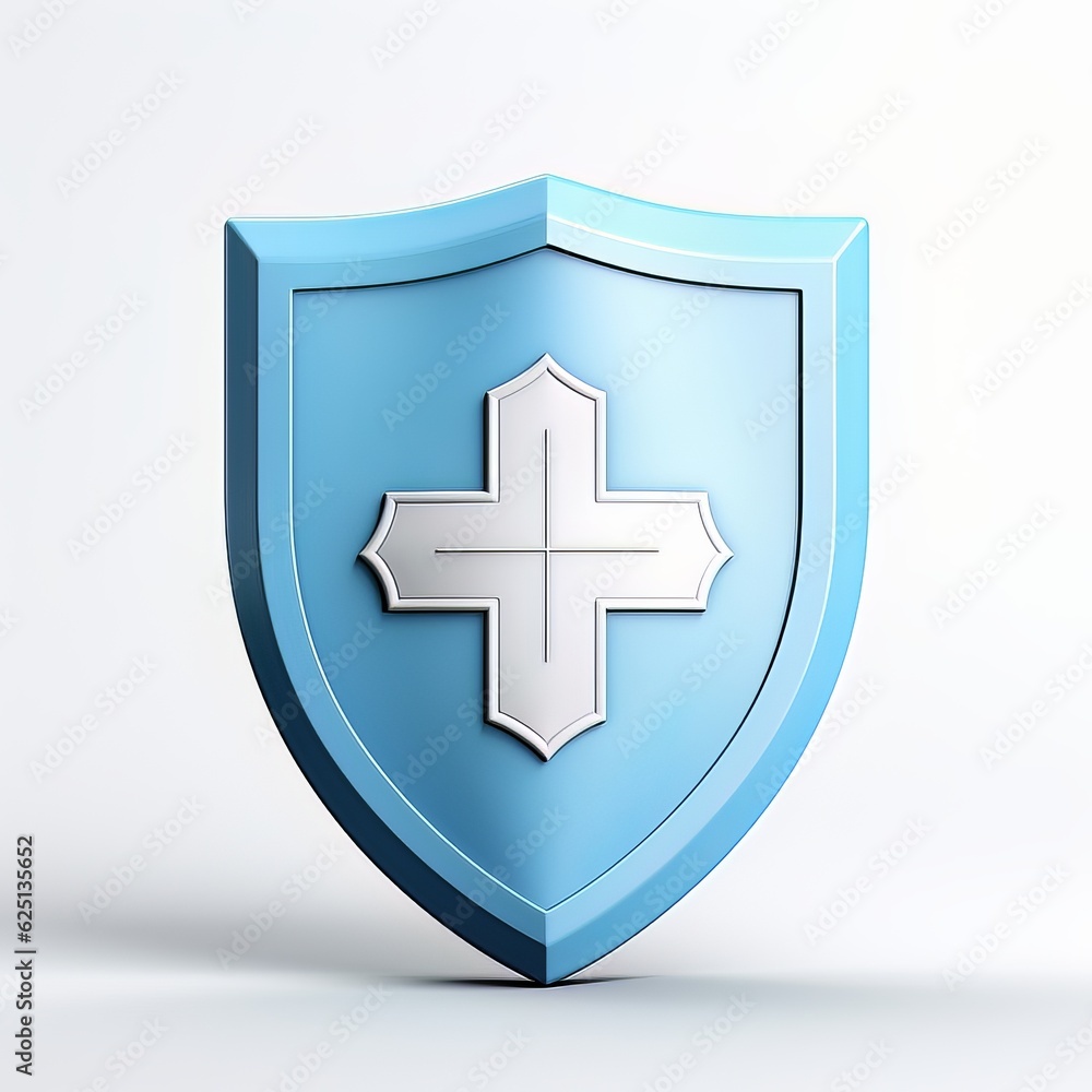 blue health insurance shield icon with a clean non-serif plus symbol in it