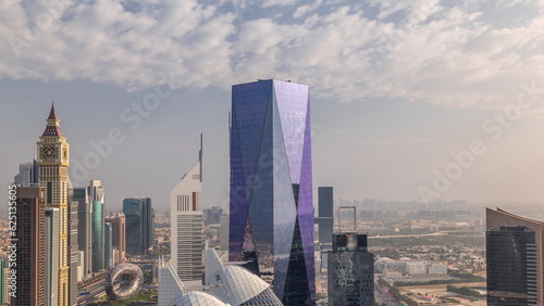 Canvas Print Skyline view of the high-rise buildings on Sheikh Zayed Road in Dubai aerial timelapse, UAE