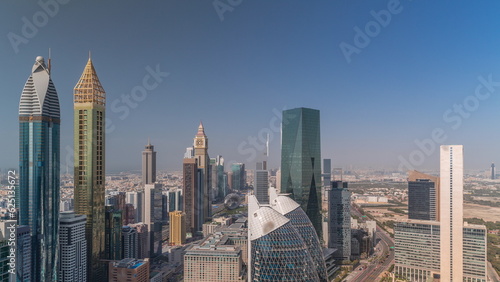 Skyline view of the high-rise buildings on Sheikh Zayed Road in Dubai aerial timelapse  UAE.