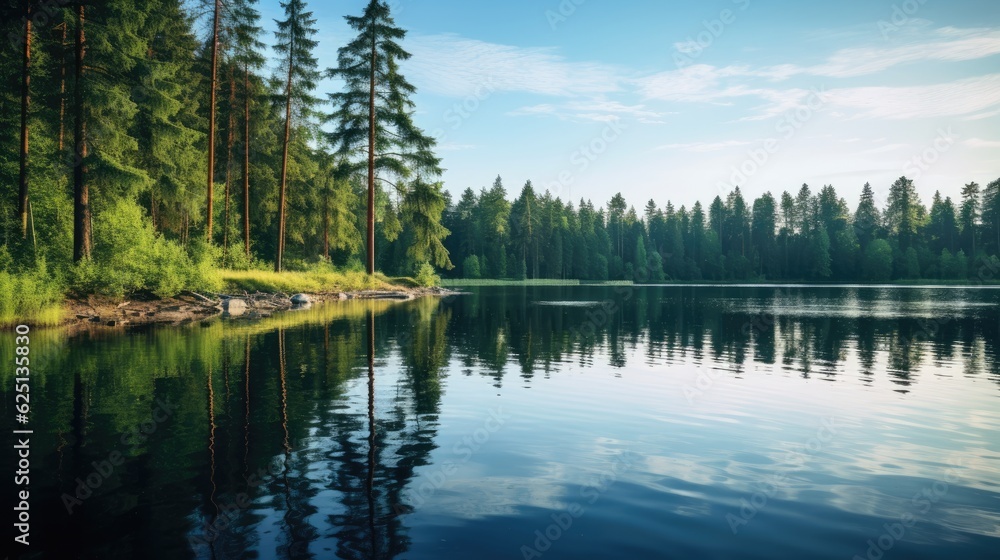 A regular stock photo capturing the tranquility of a peaceful lakeside scene. The image showcases still waters reflecting the surrounding trees, inviting viewers to embrace the calm nature A regular stock photo capturing the tranquility of a peaceful lakeside scene. The image showcases still waters reflecting the surrounding trees, inviting viewers to embrace the calm nature