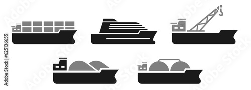 Container cruise vessel crane coal gas transport boat shipping industry icon set collection flat simple
