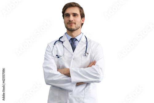 Portrait of young male doctor with stethoscope on a transparent background