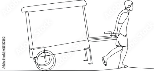 Street food market stalls standing in public park. Cartoon vector illustration of simple line fruit seller, cooking noodles, coffee, burgers outdoors. Silhouettes of city.