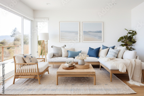 A coastal Scandinavian living room with clean lines, cozy textiles, and pops of ocean blue decor Generative AI © Denis Yevtekhov