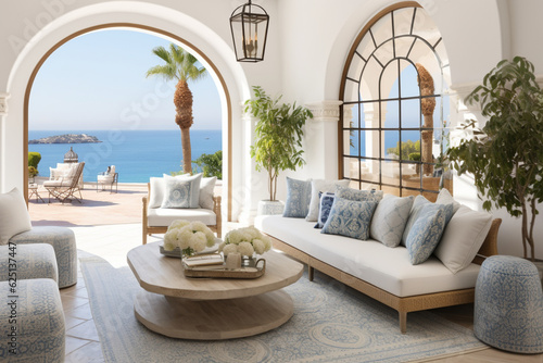 A coastal Mediterranean living room with archway windows and ocean-inspired mosaic tiles Generative AI © Denis Yevtekhov