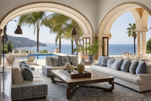 A coastal Mediterranean living room with archway windows and ocean-inspired mosaic tiles Generative AI