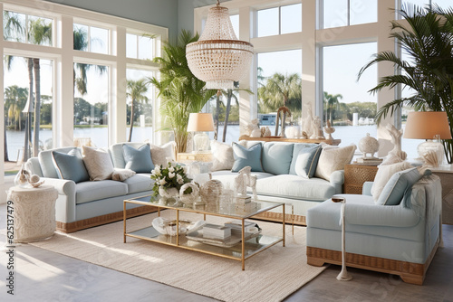 A coastal glam living room with mirrored furniture, crystal chandeliers, and seashell-adorned accents Generative AI