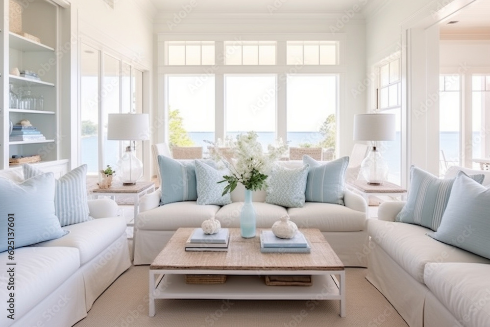 Fototapeta premium A minimalist coastal living room with a white sofa and pastel blue accent pillows, exuding tranquility Generative AI