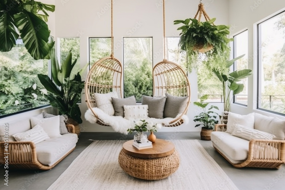 A coastal bohemian living room with hanging macrame planters and an abundance of tropical greenery Generative AI