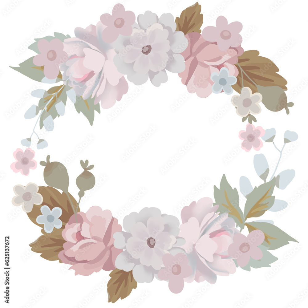 Digital Clipart Flower blossom rose, peonies, widflower ornament rustic retro round frame isolated Digital Clipart Flower blossom rose, peonies, widflower ornament rustic retro round frame isolated