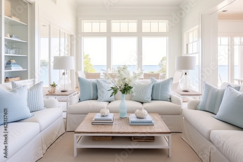 A minimalist coastal living room with a white sofa and pastel blue accent pillows, exuding tranquility Generative AI © Denis Yevtekhov