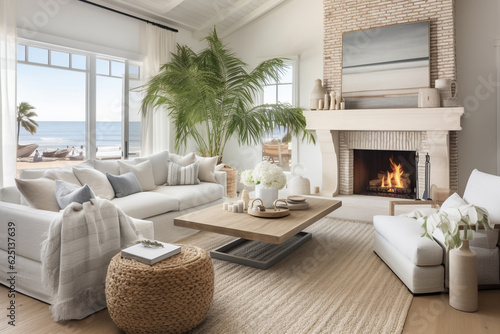 A coastal-inspired living room with a cozy fireplace, perfect for chilly evenings by the beach Generative AI © Denis Yevtekhov