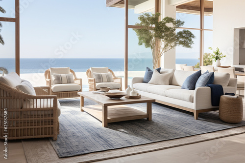 A contemporary coastal living room with a coastal-themed area rug and sleek modern furniture Generative AI
