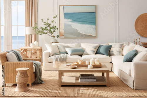 A beachy living room with natural jute rugs, seagrass baskets, and coastal-themed wall art Generative AI