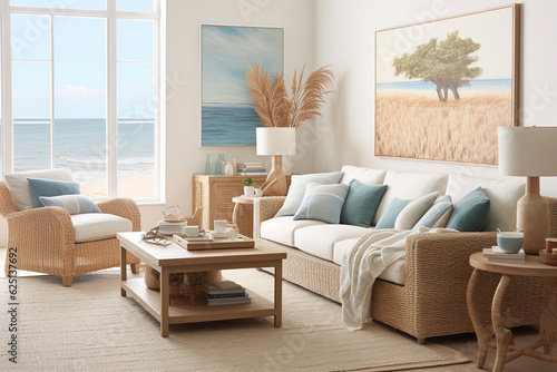 A beachy living room with natural jute rugs, seagrass baskets, and coastal-themed wall art Generative AI © Denis Yevtekhov