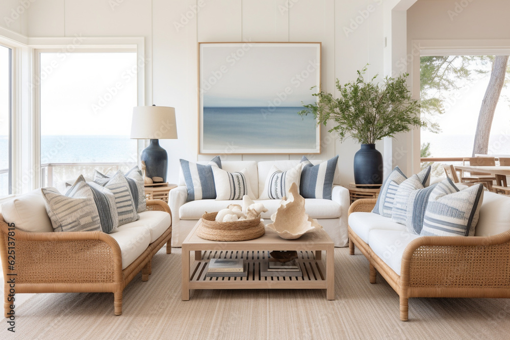 A coastal chic living room boasting rattan chairs, striped throw pillows, and a gallery wall of coastal landscapes Generative AI