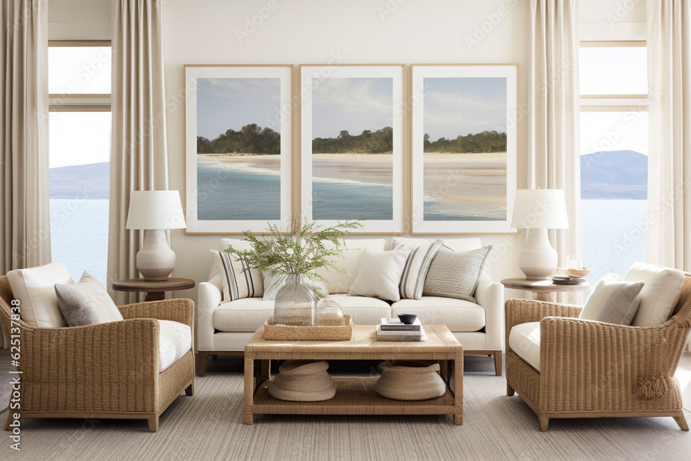 A coastal chic living room boasting rattan chairs, striped throw pillows, and a gallery wall of coastal landscapes Generative AI A coastal chic living room boasting rattan chairs, striped throw pillows, and a gallery wall of coastal landscapes Generative AI