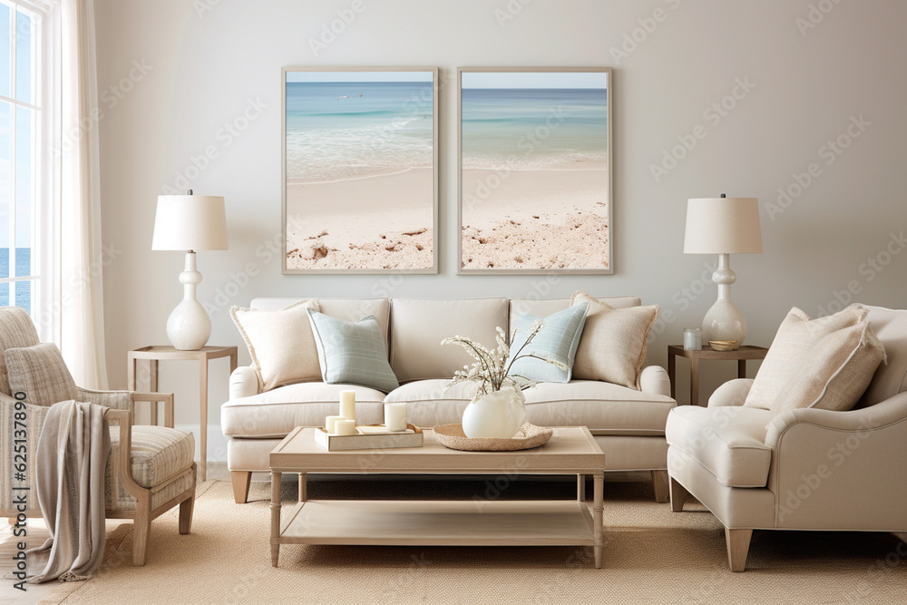 A coastal-inspired living room with sandy beige walls, adorned with seashell decor and framed beach artwork Generative AI A coastal-inspired living room with sandy beige walls, adorned with seashell decor and framed beach artwork Generative AI