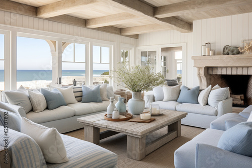 A cozy coastal living room with a whitewashed wooden ceiling, plush blue sofas, and driftwood coffee tables Generative AI photo